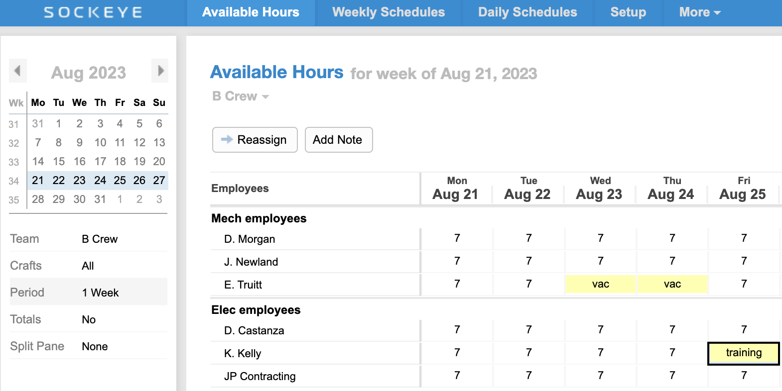 A screenshot of the “Available hours” functionality from the Sockeye app.