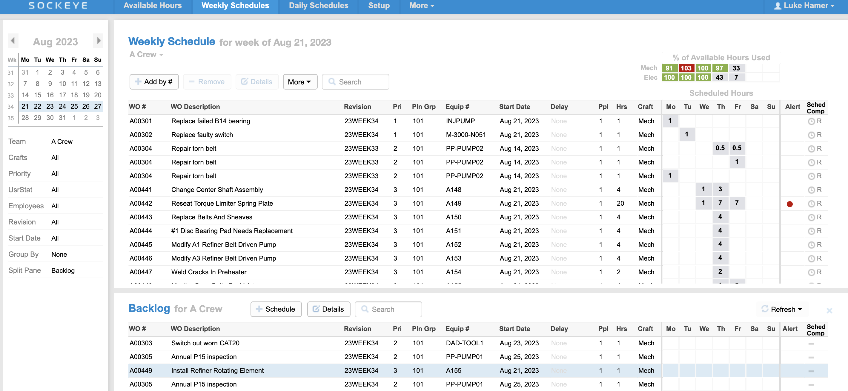 A screenshot of the "Weekly Schedule" view inside Sockeye.
