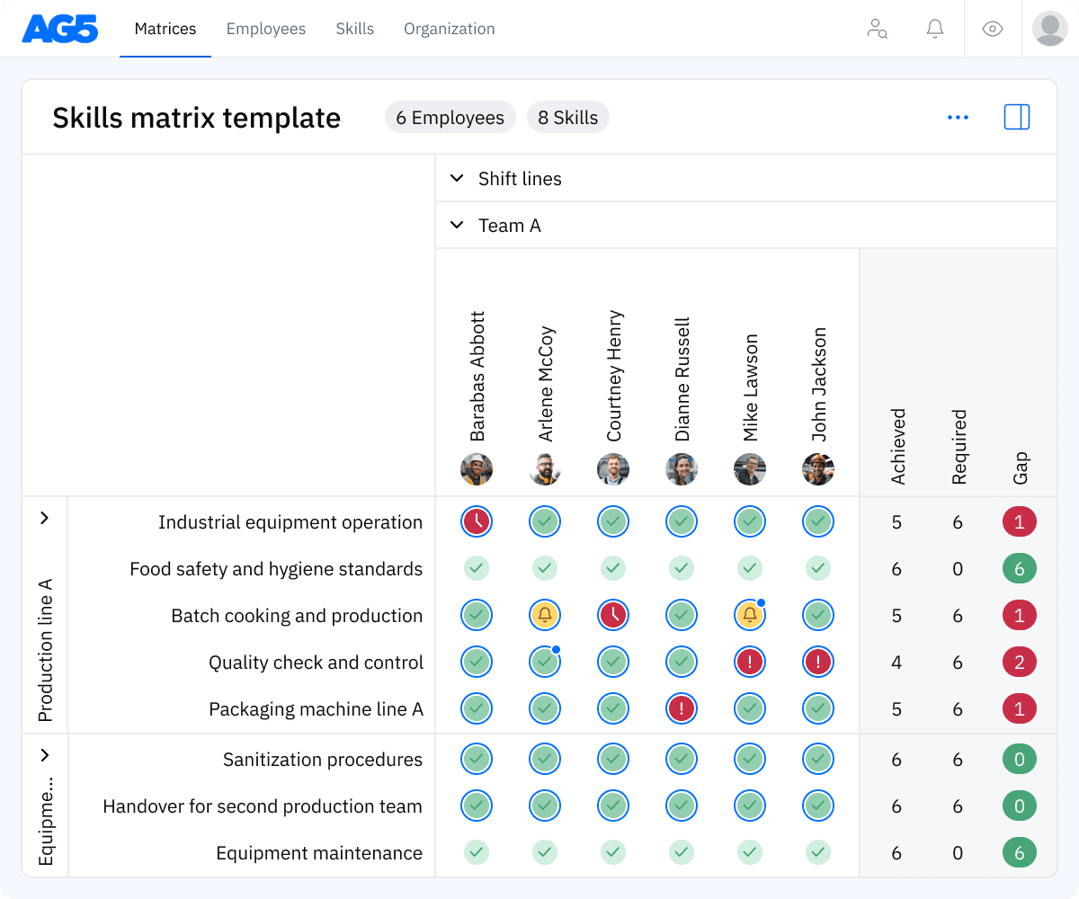 A screenshot of a skills matrix from AG5.