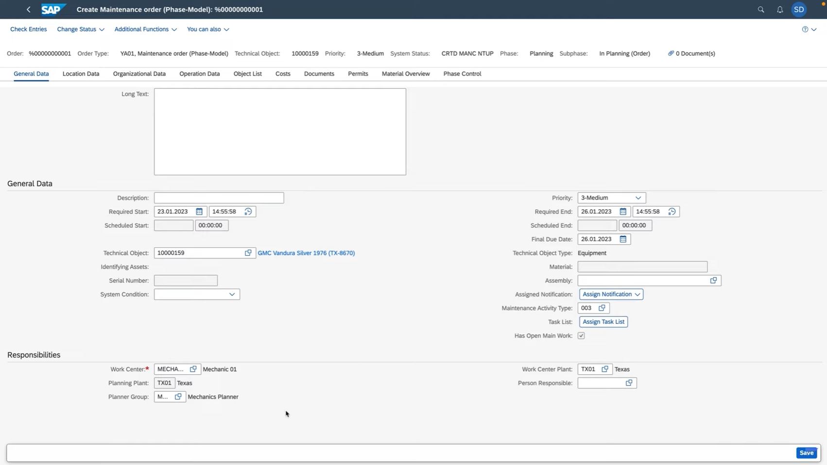 A screenshot of the SAP work order management interface.