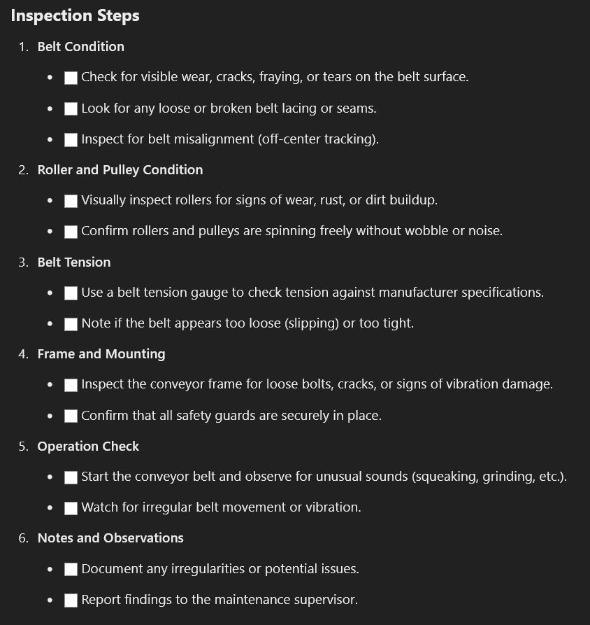 An example of a preventive maintenance checklist for a conveyor belt inspection.