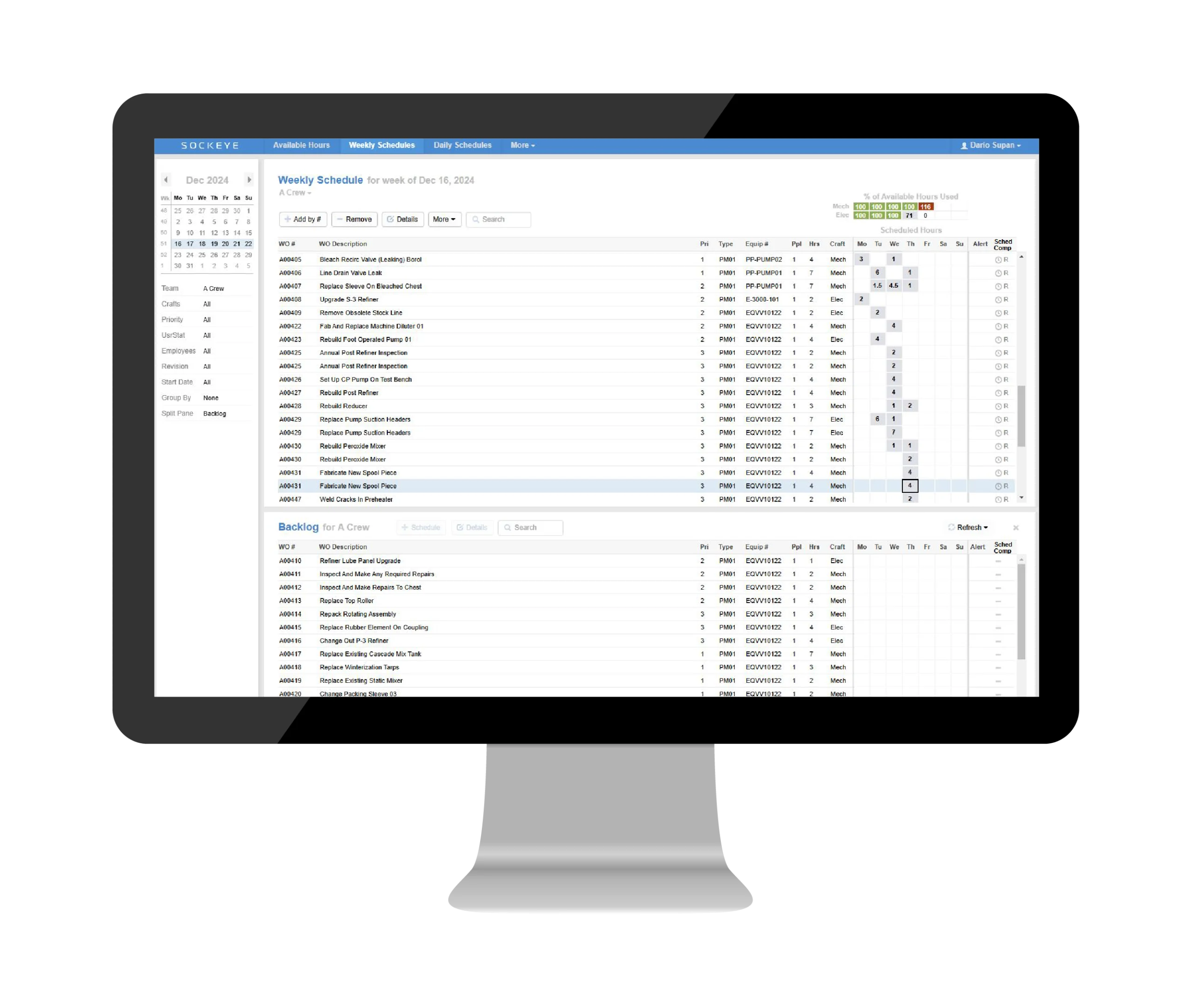 Sockeye maintenance scheduler dashboard on a monitor mockup.