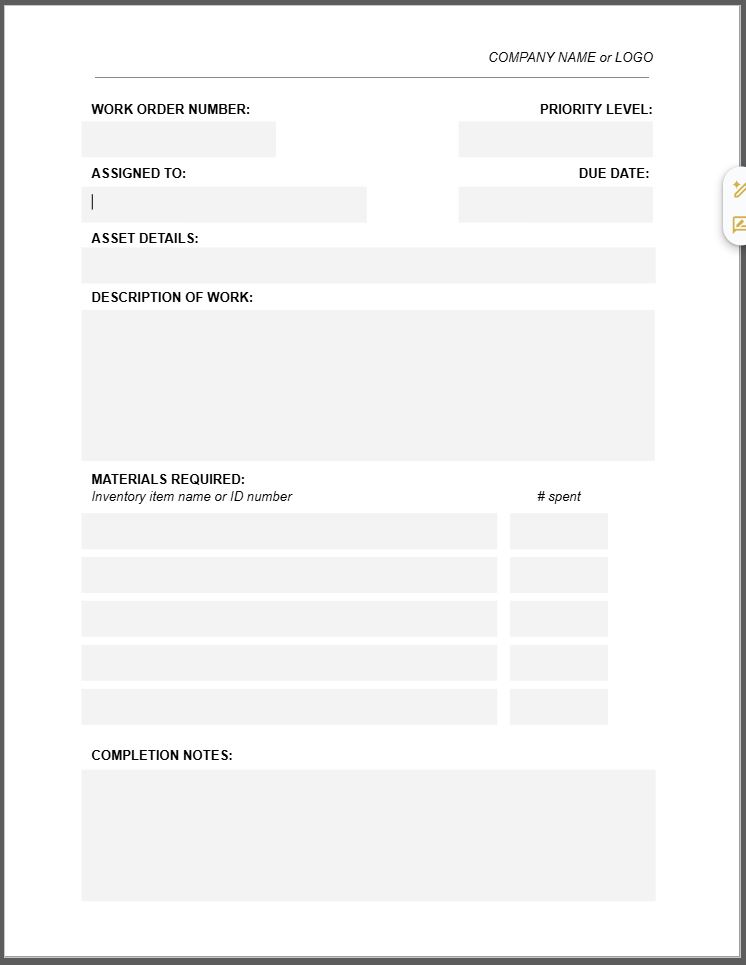 An example of a simple maintenance work order form template.