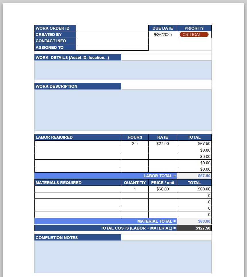 An example of an advanced maintenance work order form template.