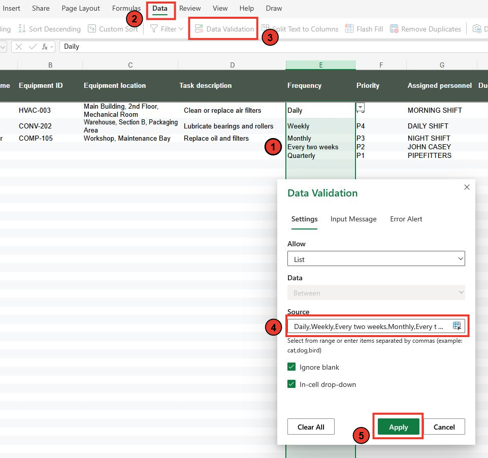 Steps for setting up our Excel CMMS template.